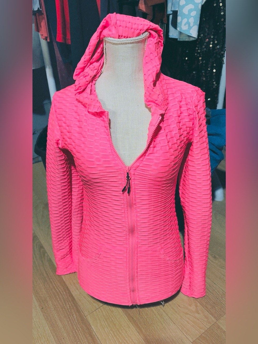 Women's Hot Pink Textured Zip-Up Hoodie Jacket